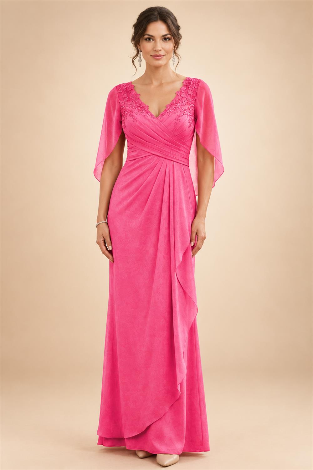 A-Line Chiffon Cape Sleeves Floor-Length Mother of the Bride & Groom Dresses with Ruched Waist (SHI22500705)