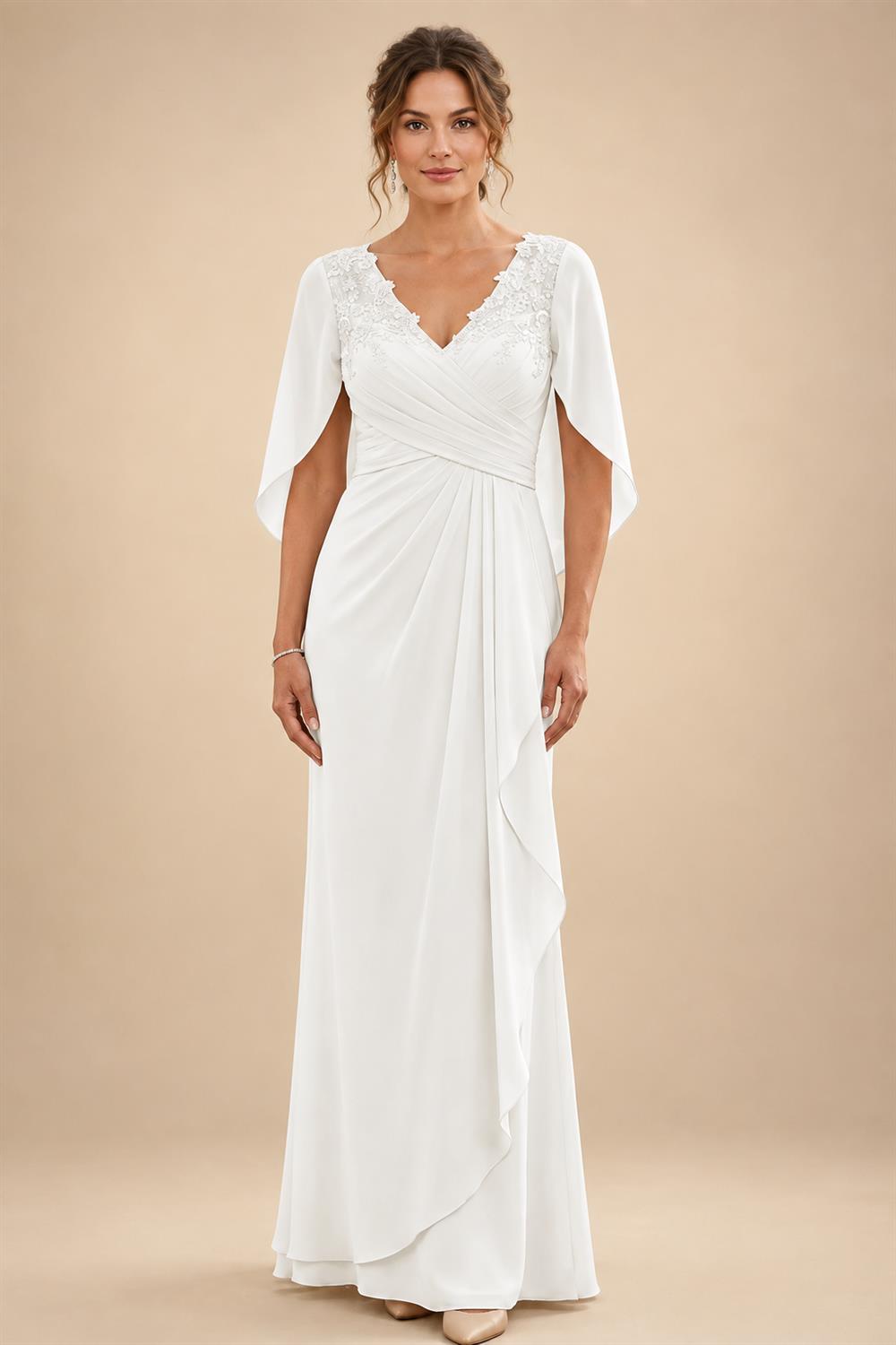 A-Line Chiffon Cape Sleeves Floor-Length Mother of the Bride & Groom Dresses with Ruched Waist (SHI22500705)