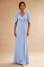 A-Line Chiffon Cape Sleeves Floor-Length Mother of the Bride & Groom Dresses with Ruched Waist (SHI22500705)