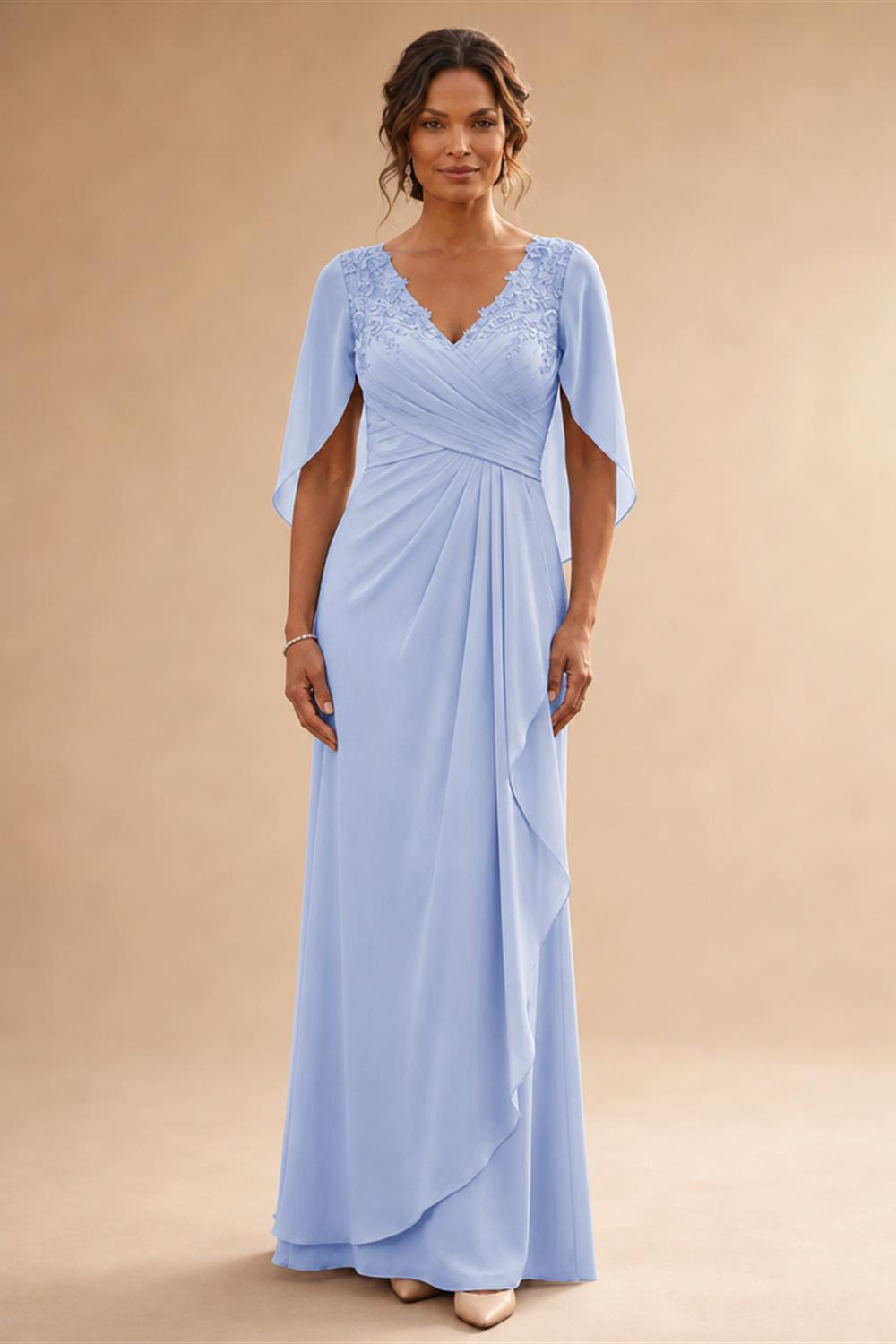 A-Line Chiffon Cape Sleeves Floor-Length Mother of the Bride & Groom Dresses with Ruched Waist (SHI22500705)