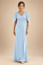 A-Line Chiffon Cape Sleeves Floor-Length Mother of the Bride & Groom Dresses with Ruched Waist (SHI22500705)