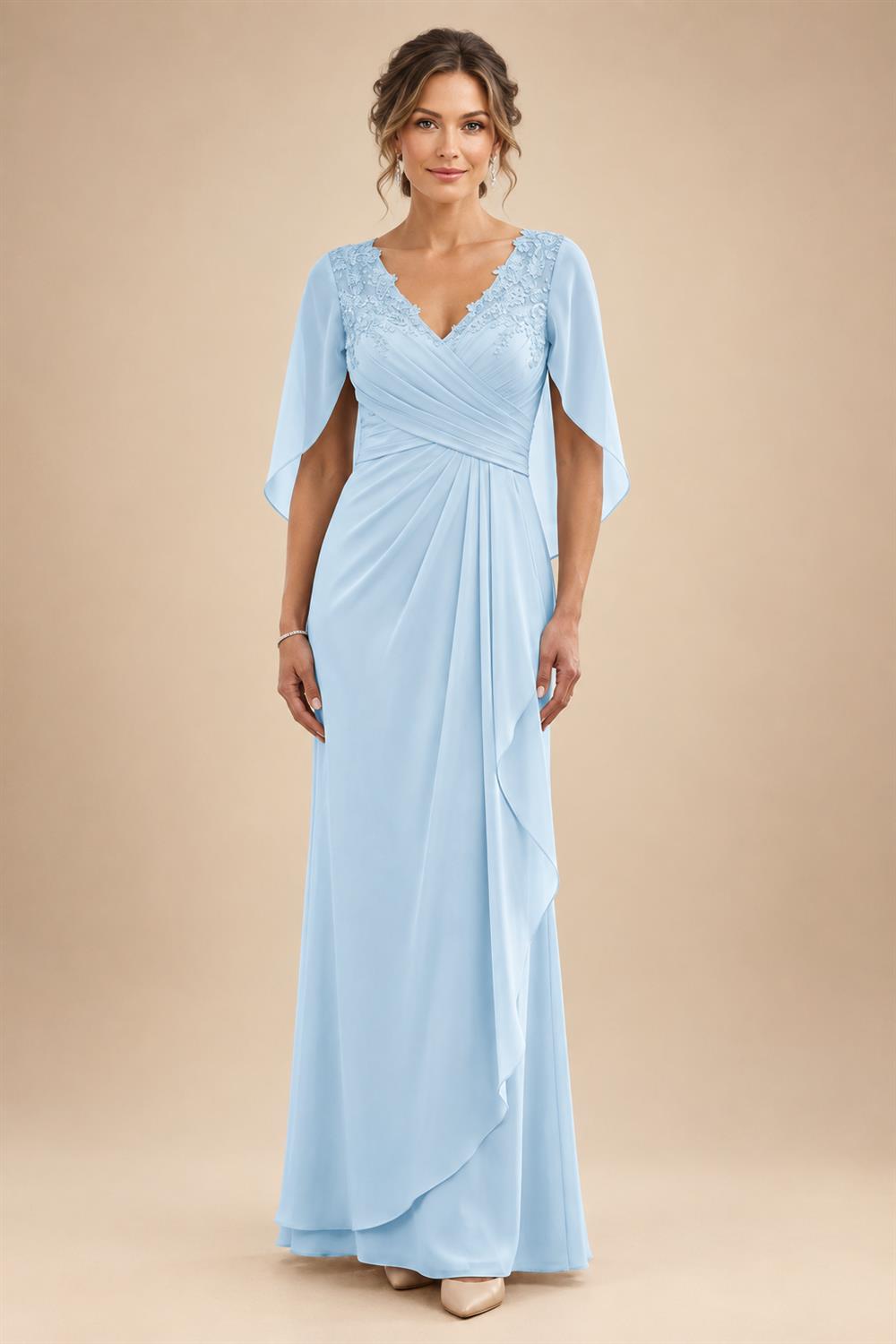 A-Line Chiffon Cape Sleeves Floor-Length Mother of the Bride & Groom Dresses with Ruched Waist (SHI22500705)