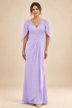 A-Line Chiffon Cape Sleeves Floor-Length Mother of the Bride & Groom Dresses with Ruched Waist (SHI22500705)