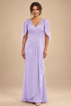 A-Line Chiffon Cape Sleeves Floor-Length Mother of the Bride & Groom Dresses with Ruched Waist (SHI22500705)