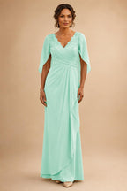A-Line Chiffon Cape Sleeves Floor-Length Mother of the Bride & Groom Dresses with Ruched Waist (SHI22500705)