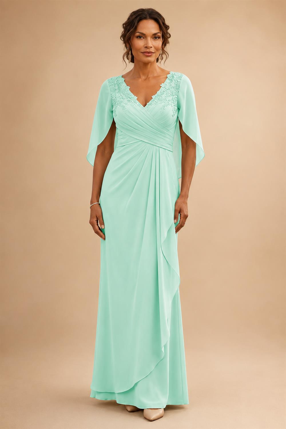 A-Line Chiffon Cape Sleeves Floor-Length Mother of the Bride & Groom Dresses with Ruched Waist (SHI22500705)