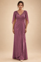 A-Line Chiffon Cape Sleeves Floor-Length Mother of the Bride & Groom Dresses with Ruched Waist (SHI22500705)