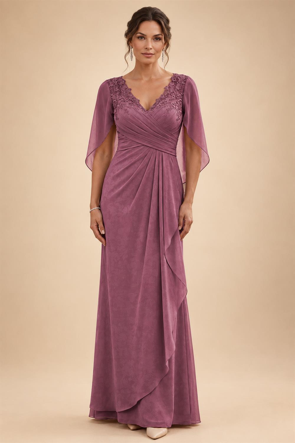 A-Line Chiffon Cape Sleeves Floor-Length Mother of the Bride & Groom Dresses with Ruched Waist (SHI22500705)