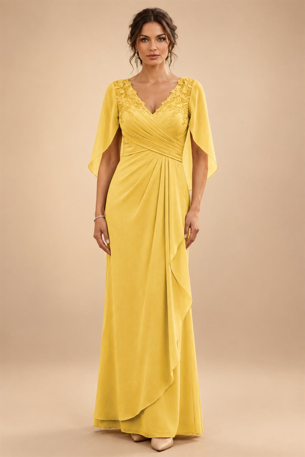 A-Line Chiffon Cape Sleeves Floor-Length Mother of the Bride & Groom Dresses with Ruched Waist (SHI22500705)
