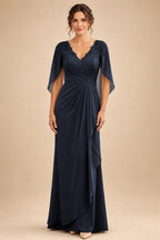 A-Line Chiffon Cape Sleeves Floor-Length Mother of the Bride & Groom Dresses with Ruched Waist (SHI22500705)