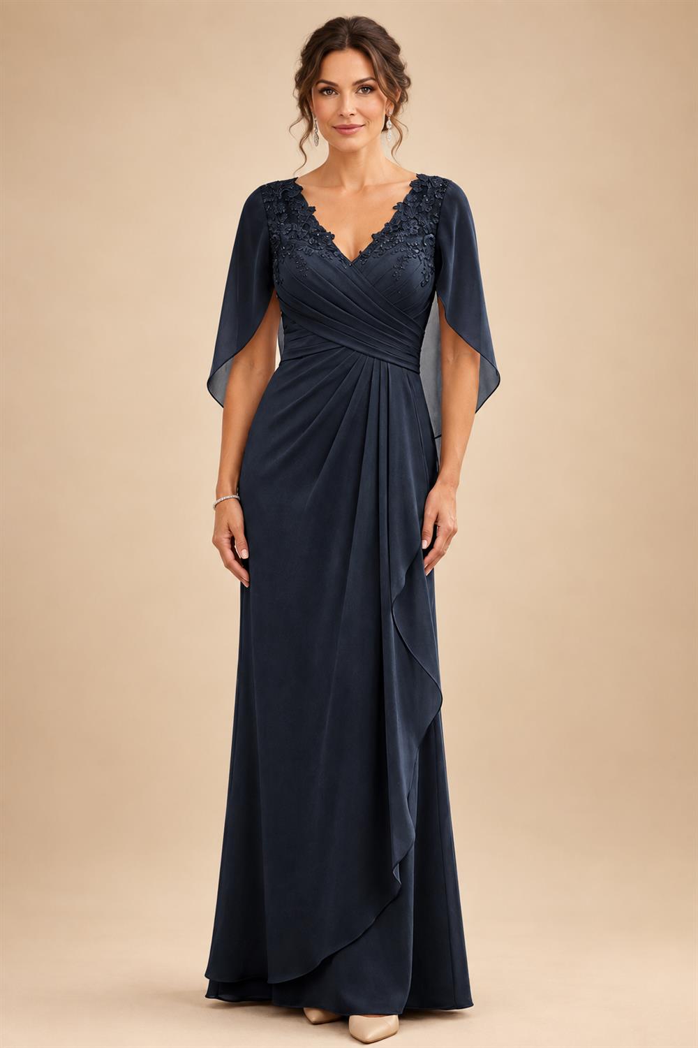 A-Line Chiffon Cape Sleeves Floor-Length Mother of the Bride & Groom Dresses with Ruched Waist (SHI22500705)