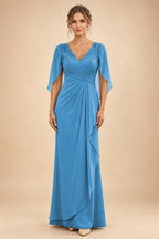 A-Line Chiffon Cape Sleeves Floor-Length Mother of the Bride & Groom Dresses with Ruched Waist (SHI22500705)