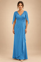 A-Line Chiffon Cape Sleeves Floor-Length Mother of the Bride & Groom Dresses with Ruched Waist (SHI22500705)