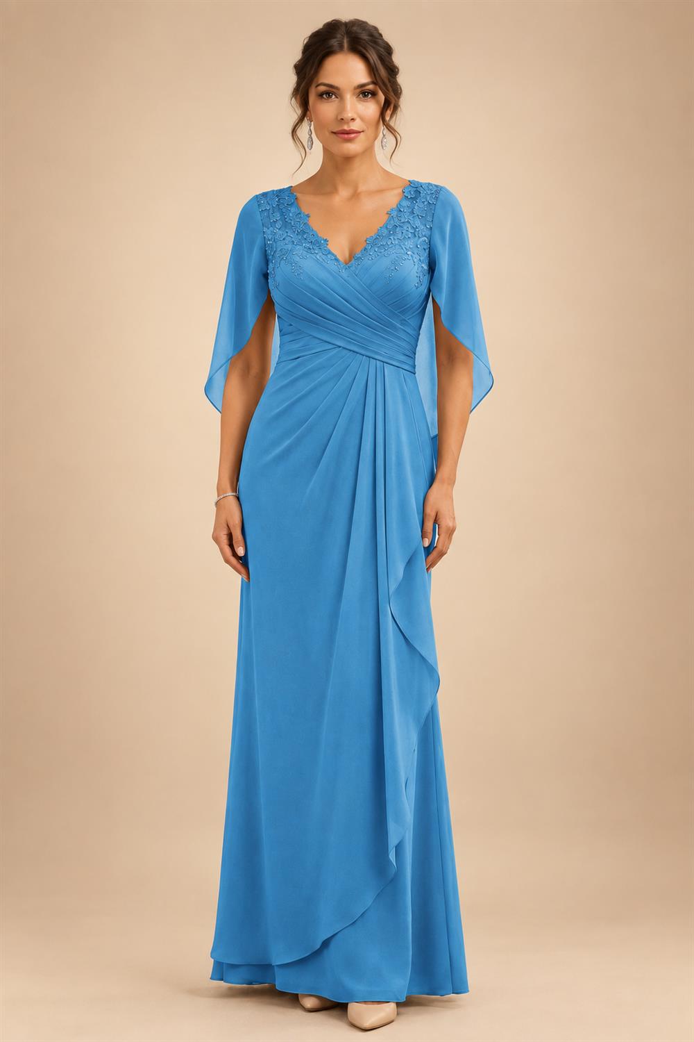 A-Line Chiffon Cape Sleeves Floor-Length Mother of the Bride & Groom Dresses with Ruched Waist (SHI22500705)