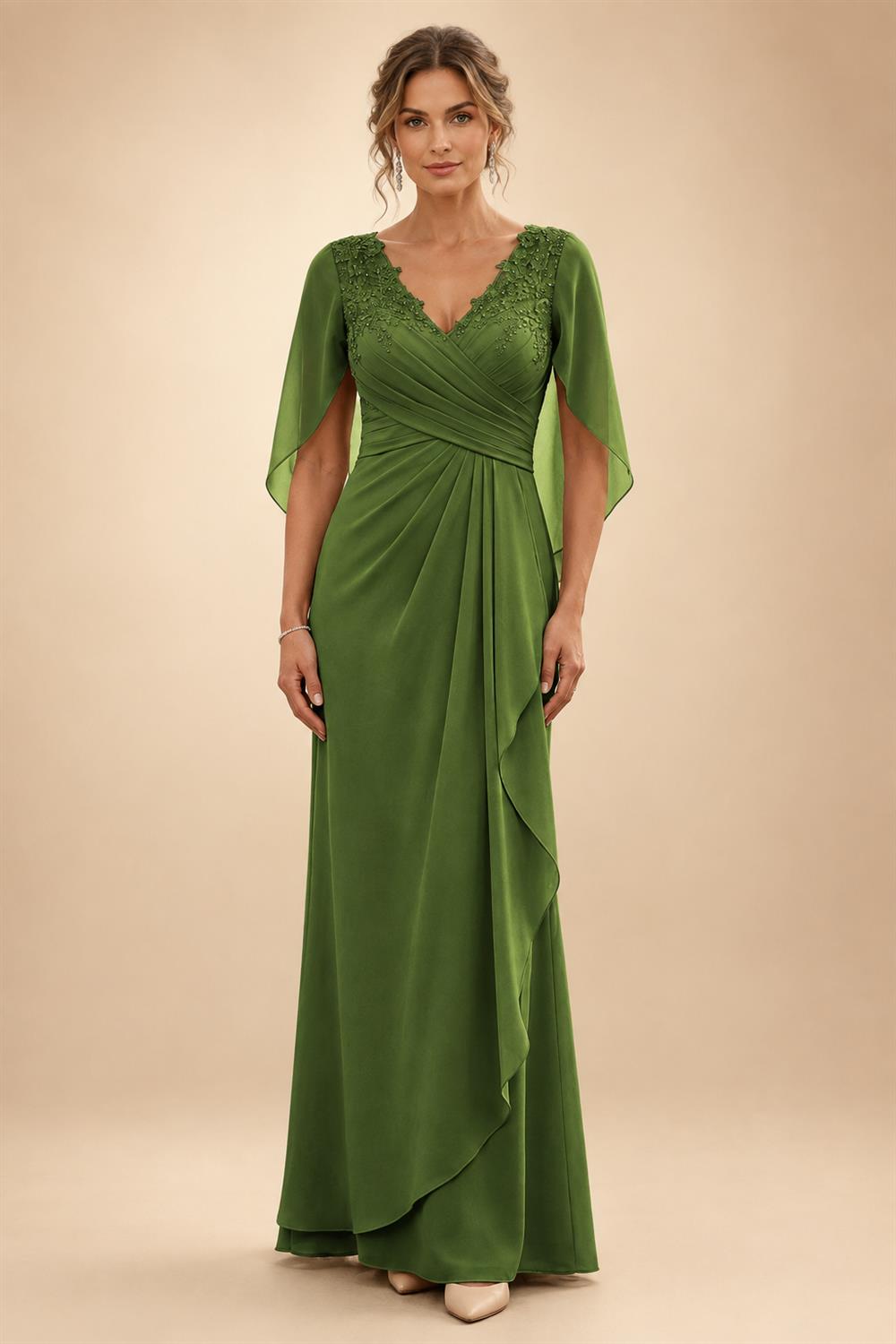 A-Line Chiffon Cape Sleeves Floor-Length Mother of the Bride & Groom Dresses with Ruched Waist (SHI22500705)