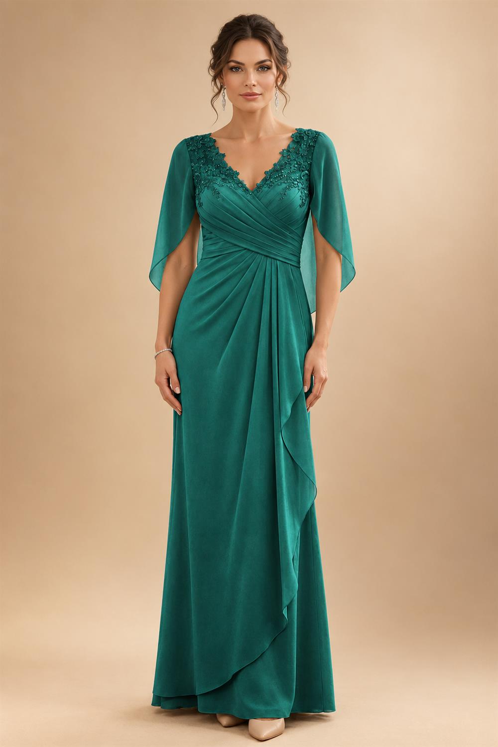 A-Line Chiffon Cape Sleeves Floor-Length Mother of the Bride & Groom Dresses with Ruched Waist (SHI22500705)