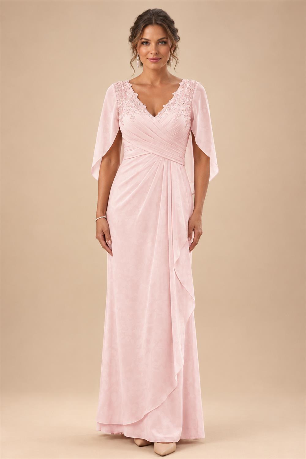 A-Line Chiffon Cape Sleeves Floor-Length Mother of the Bride & Groom Dresses with Ruched Waist (SHI22500705)