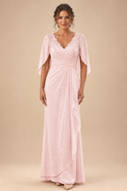 A-Line Chiffon Cape Sleeves Floor-Length Mother of the Bride & Groom Dresses with Ruched Waist (SHI22500705)