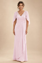 A-Line Chiffon Cape Sleeves Floor-Length Mother of the Bride & Groom Dresses with Ruched Waist (SHI22500705)