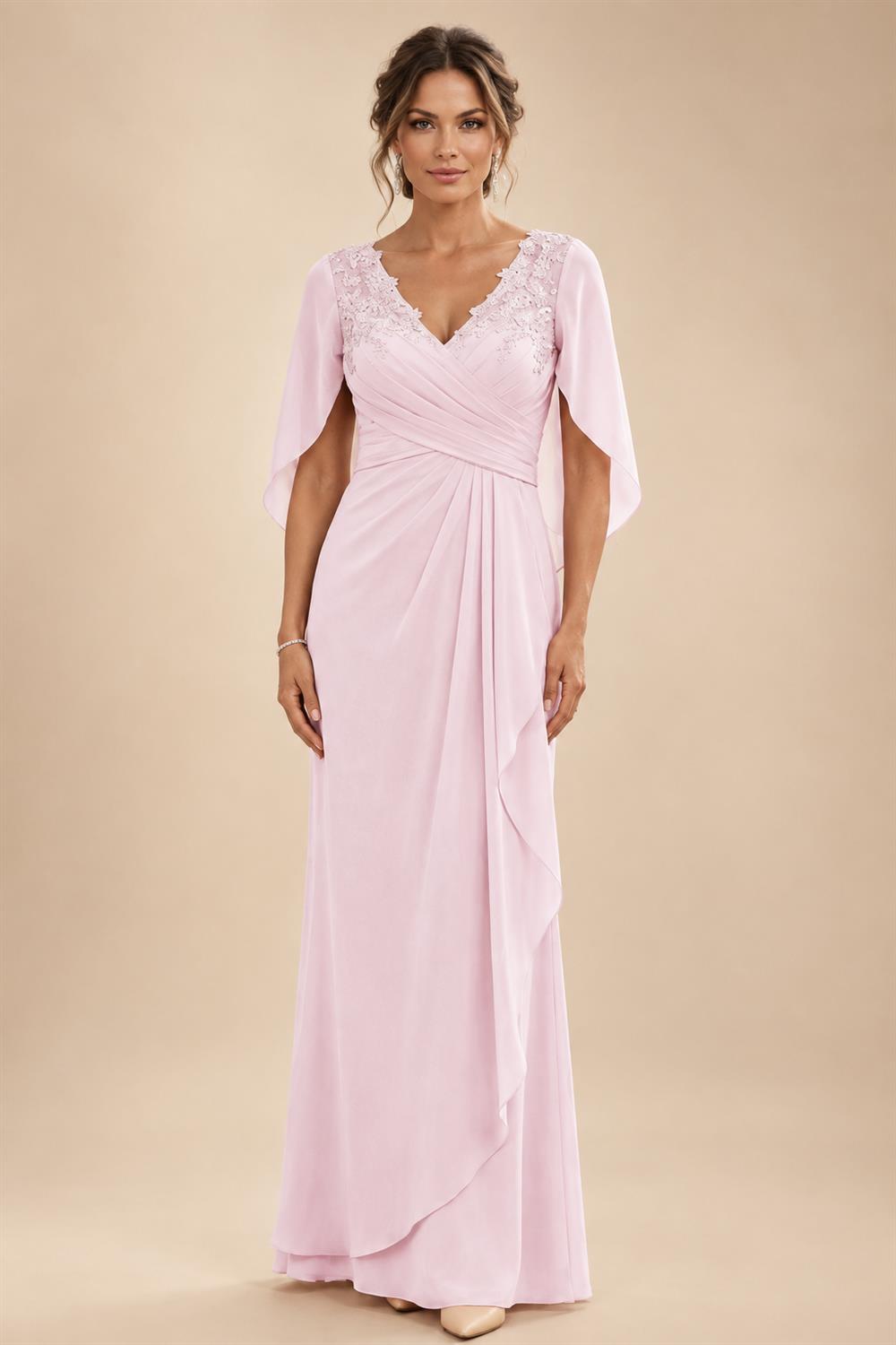 A-Line Chiffon Cape Sleeves Floor-Length Mother of the Bride & Groom Dresses with Ruched Waist (SHI22500705)