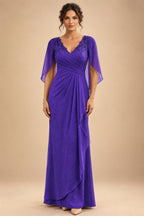 A-Line Chiffon Cape Sleeves Floor-Length Mother of the Bride & Groom Dresses with Ruched Waist (SHI22500705)