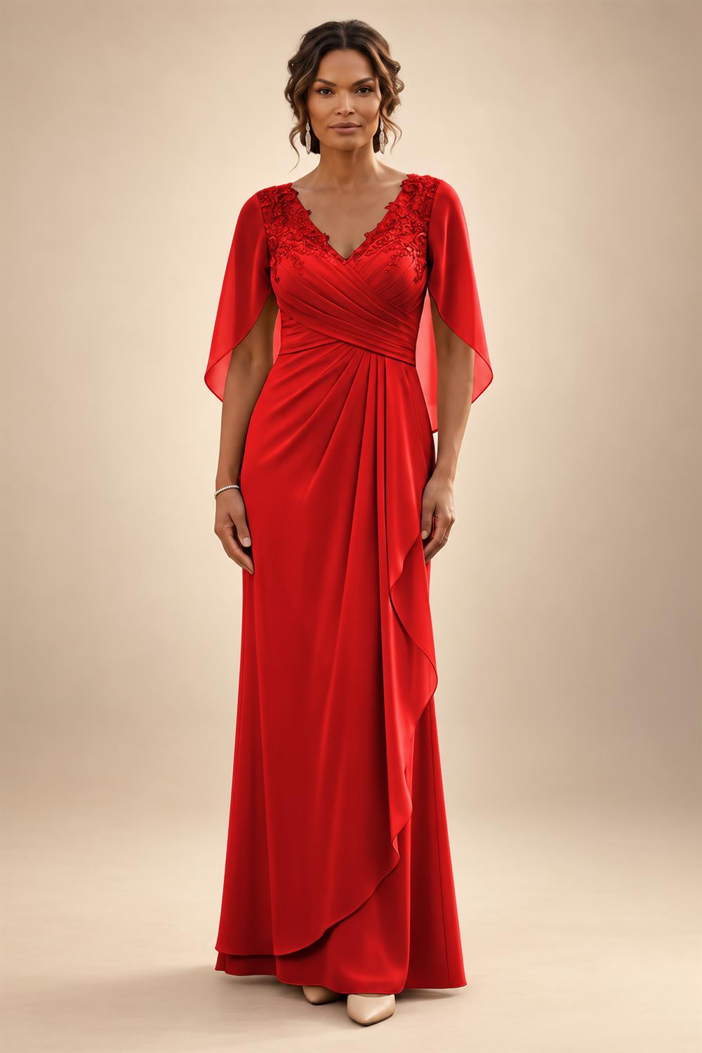 A-Line Chiffon Cape Sleeves Floor-Length Mother of the Bride & Groom Dresses with Ruched Waist (SHI22500705)