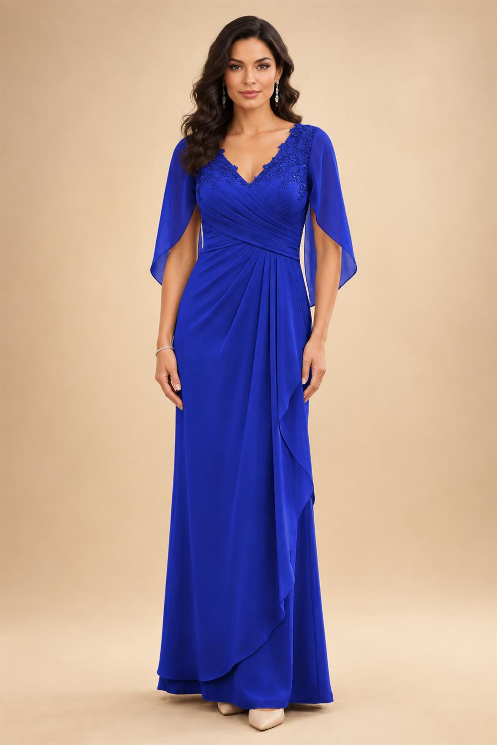 A-Line Chiffon Cape Sleeves Floor-Length Mother of the Bride & Groom Dresses with Ruched Waist (SHI22500705)