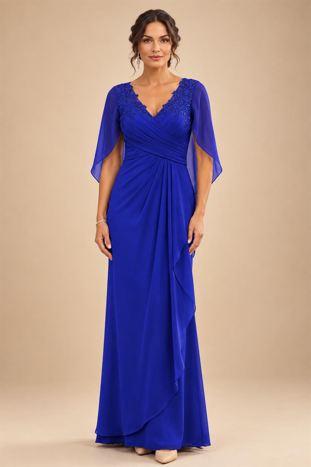 A-Line Chiffon Cape Sleeves Floor-Length Mother of the Bride & Groom Dresses with Ruched Waist (SHI22500705)