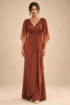 A-Line Chiffon Cape Sleeves Floor-Length Mother of the Bride & Groom Dresses with Ruched Waist (SHI22500705)
