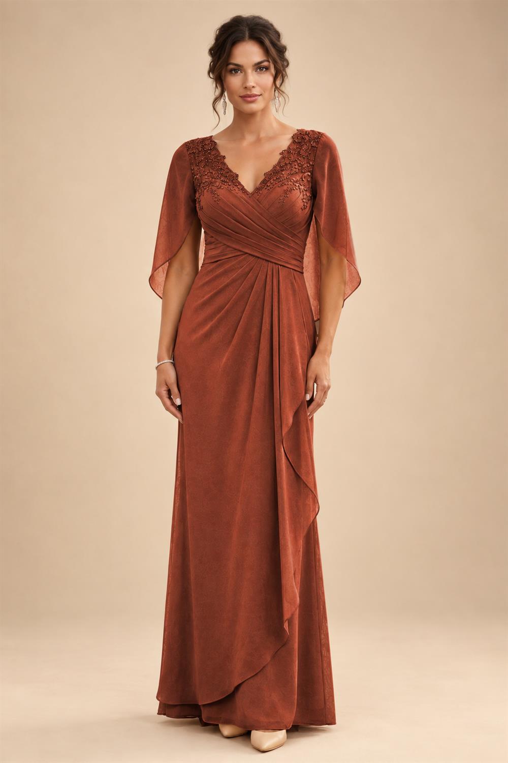 A-Line Chiffon Cape Sleeves Floor-Length Mother of the Bride & Groom Dresses with Ruched Waist (SHI22500705)