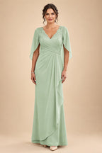 A-Line Chiffon Cape Sleeves Floor-Length Mother of the Bride & Groom Dresses with Ruched Waist (SHI22500705)