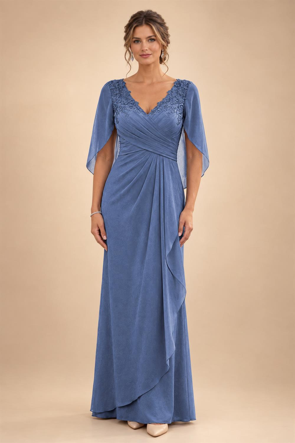 A-Line Chiffon Cape Sleeves Floor-Length Mother of the Bride & Groom Dresses with Ruched Waist (SHI22500705)