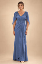 A-Line Chiffon Cape Sleeves Floor-Length Mother of the Bride & Groom Dresses with Ruched Waist (SHI22500705)