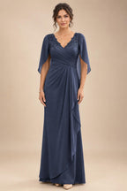 A-Line Chiffon Cape Sleeves Floor-Length Mother of the Bride & Groom Dresses with Ruched Waist (SHI22500705)