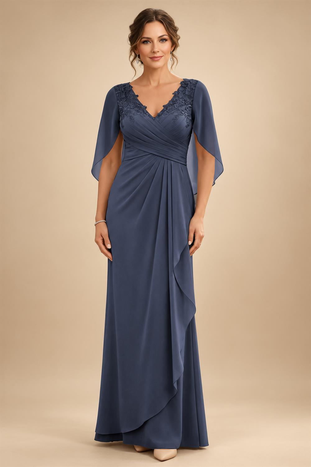 A-Line Chiffon Cape Sleeves Floor-Length Mother of the Bride & Groom Dresses with Ruched Waist (SHI22500705)