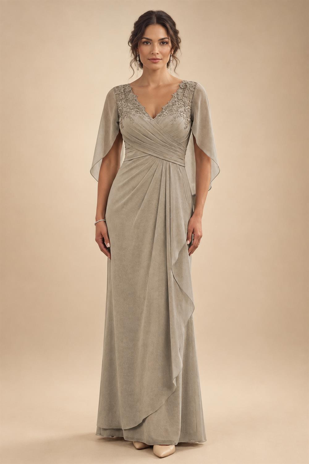 A-Line Chiffon Cape Sleeves Floor-Length Mother of the Bride & Groom Dresses with Ruched Waist (SHI22500705)
