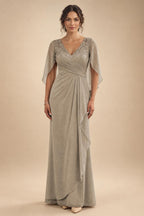 A-Line Chiffon Cape Sleeves Floor-Length Mother of the Bride & Groom Dresses with Ruched Waist (SHI22500705)
