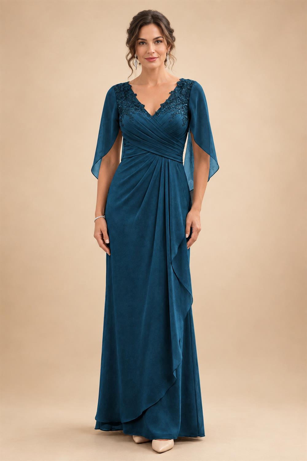 A-Line Chiffon Cape Sleeves Floor-Length Mother of the Bride & Groom Dresses with Ruched Waist (SHI22500705)
