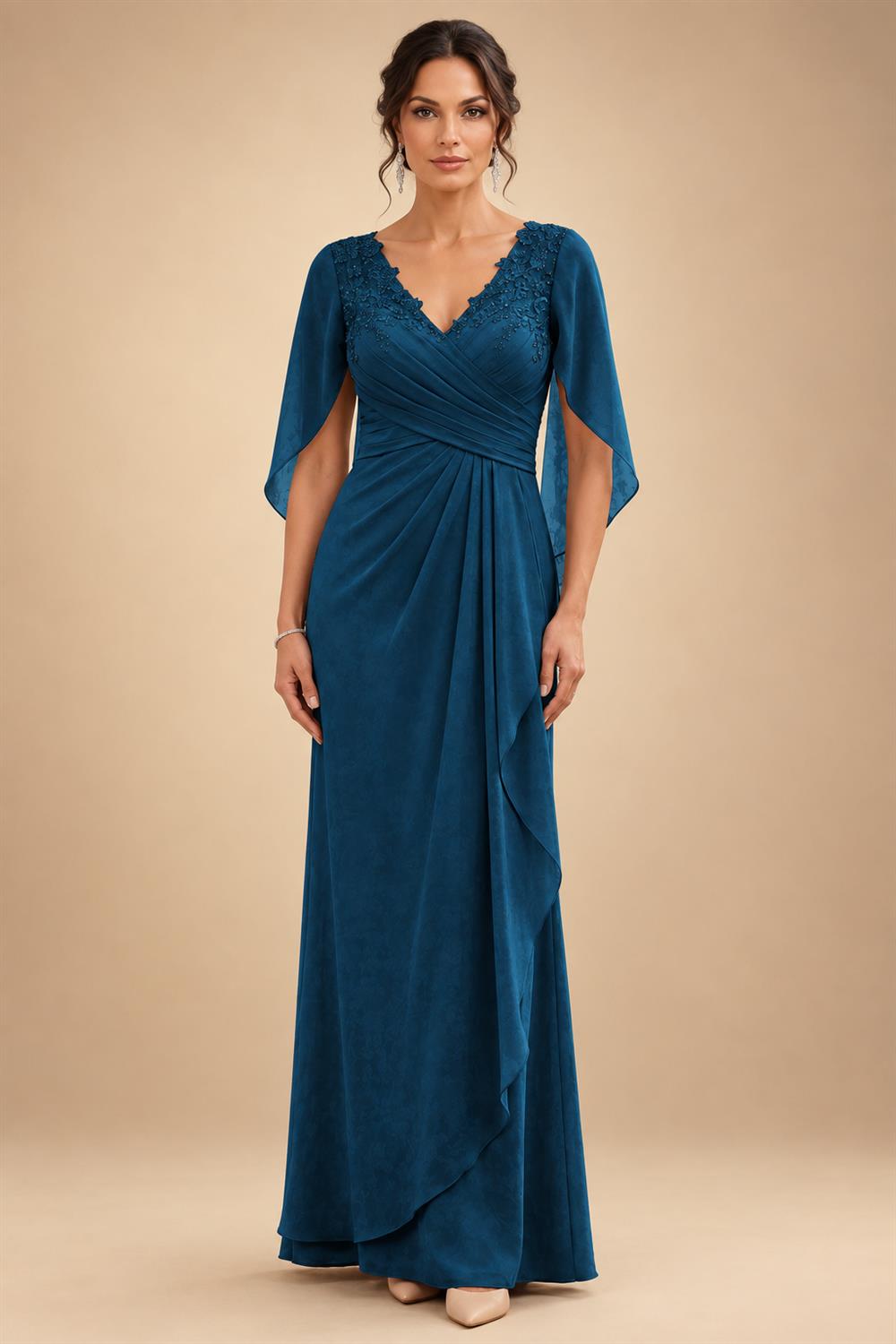 A-Line Chiffon Cape Sleeves Floor-Length Mother of the Bride & Groom Dresses with Ruched Waist (SHI22500705)