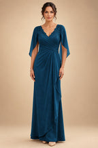 A-Line Chiffon Cape Sleeves Floor-Length Mother of the Bride & Groom Dresses with Ruched Waist (SHI22500705)