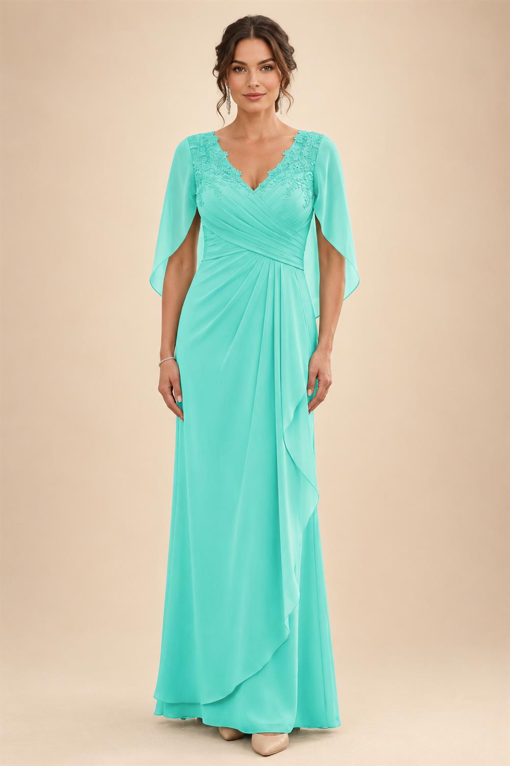 A-Line Chiffon Cape Sleeves Floor-Length Mother of the Bride & Groom Dresses with Ruched Waist (SHI22500705)