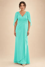 A-Line Chiffon Cape Sleeves Floor-Length Mother of the Bride & Groom Dresses with Ruched Waist (SHI22500705)