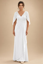 A-Line Chiffon Cape Sleeves Floor-Length Mother of the Bride & Groom Dresses with Ruched Waist (SHI22500705)