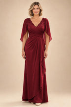 A-Line Chiffon Cape Sleeves Floor-Length Mother of the Bride & Groom Dresses with Ruched Waist (SHI22500705)