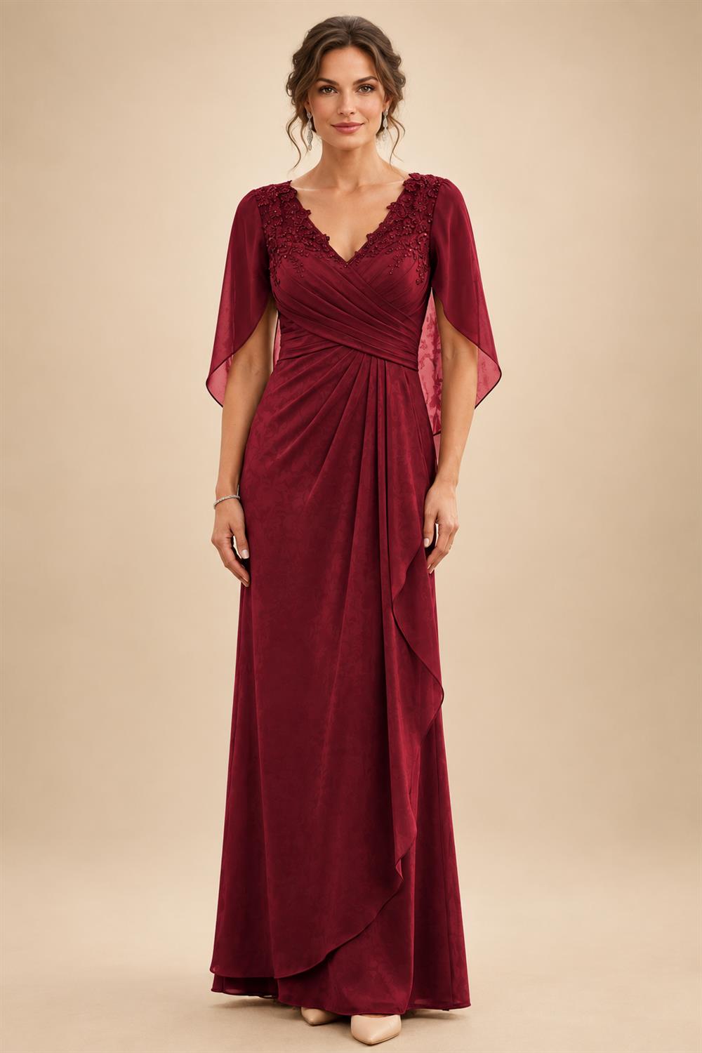 A-Line Chiffon Cape Sleeves Floor-Length Mother of the Bride & Groom Dresses with Ruched Waist (SHI22500705)