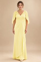 A-Line Chiffon Cape Sleeves Floor-Length Mother of the Bride & Groom Dresses with Ruched Waist (SHI22500705)