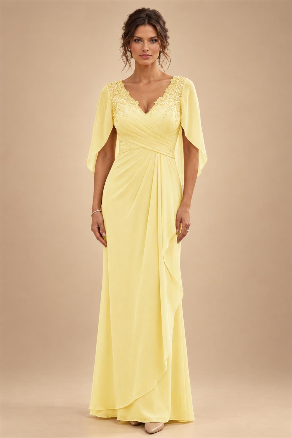 A-Line Chiffon Cape Sleeves Floor-Length Mother of the Bride & Groom Dresses with Ruched Waist (SHI22500705)