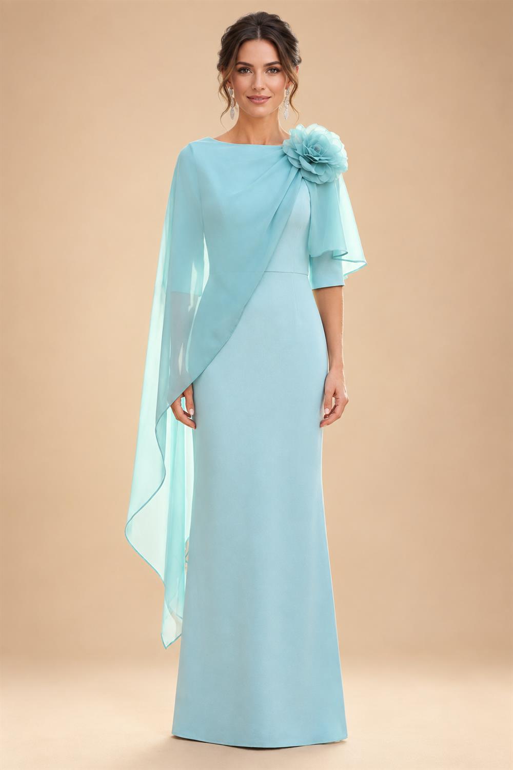 Cape Sleeve Jacquard Satin Ruched Mother of the Bride Dresses 2 Piece (SHI22500528)