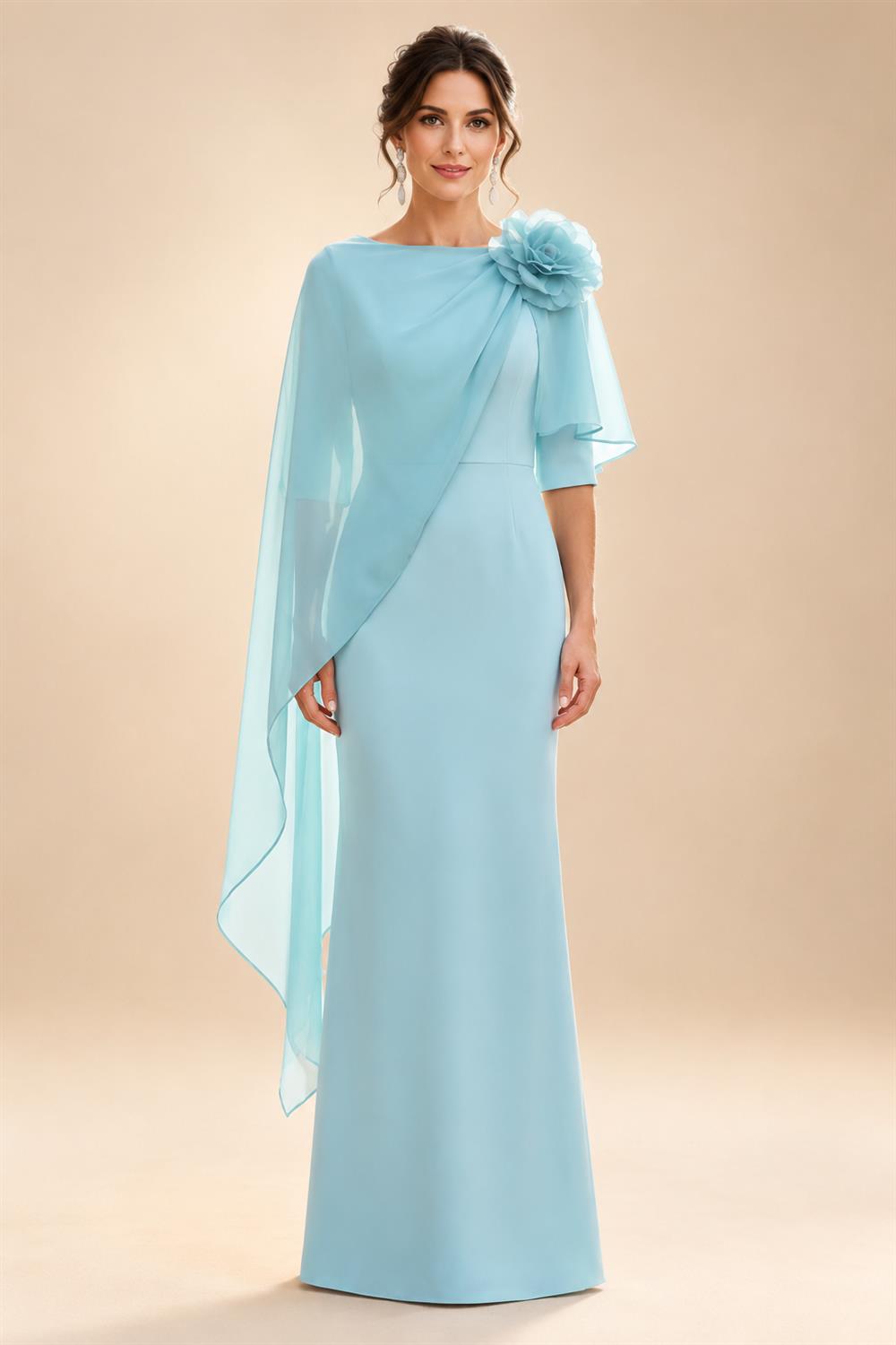 Cape Sleeve Jacquard Satin Ruched Mother of the Bride Dresses 2 Piece (SHI22500528)