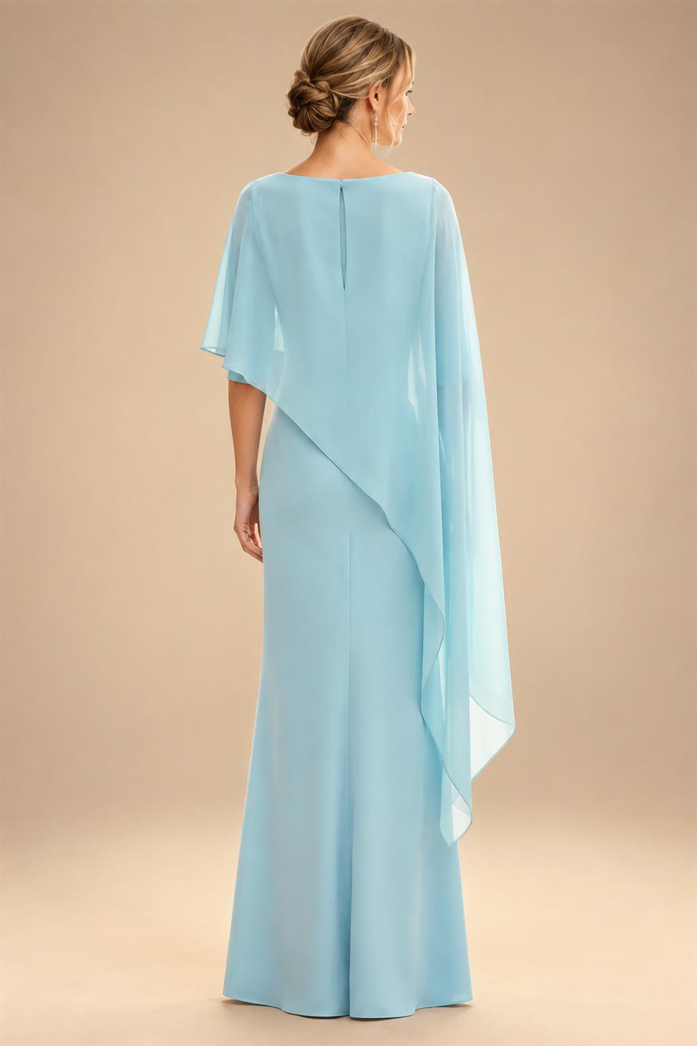 Cape Sleeve Jacquard Satin Ruched Mother of the Bride Dresses 2 Piece (SHI22500528)
